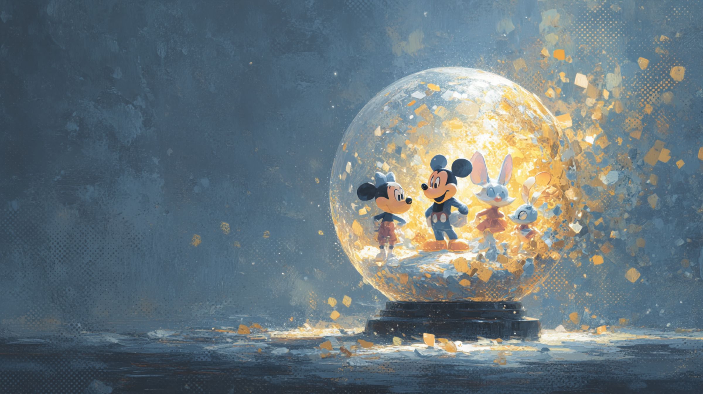 Classic cartoon figures glowing inside a cracked snow globe with golden light leaking out.