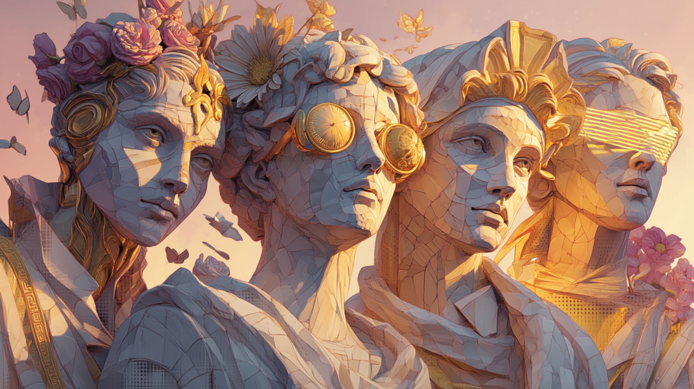 Four sculpted figures representing the muse, trickster, sage, and oracle in warm golden light.