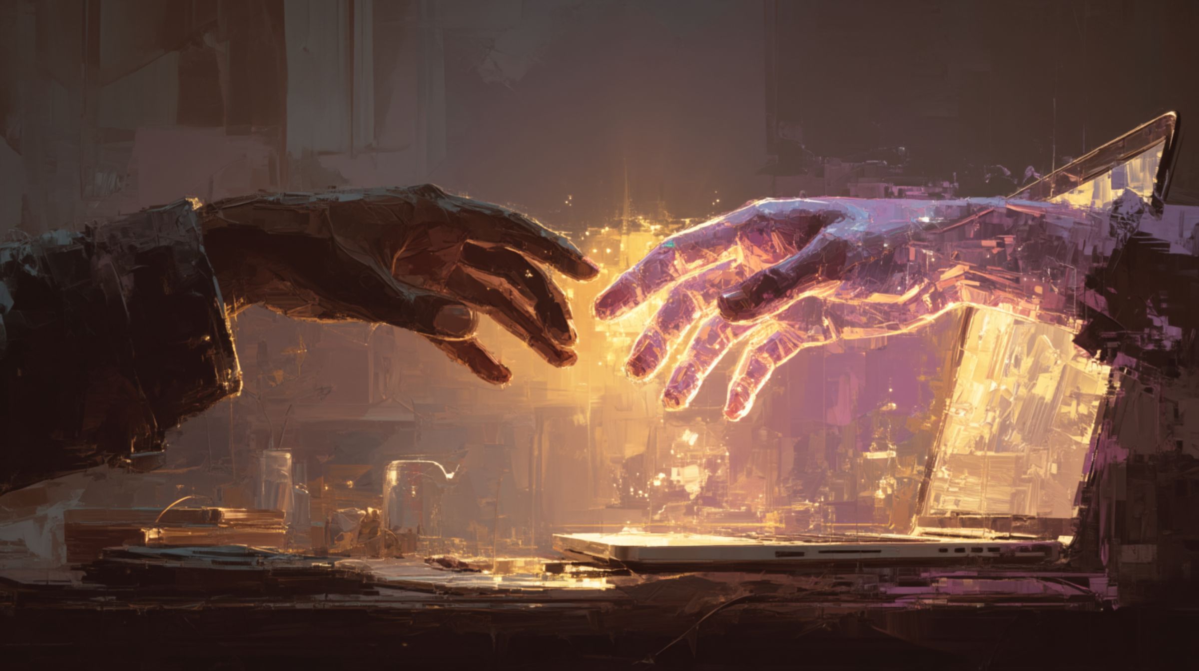 A human hand and a glowing digital hand reach toward each other across a workspace.