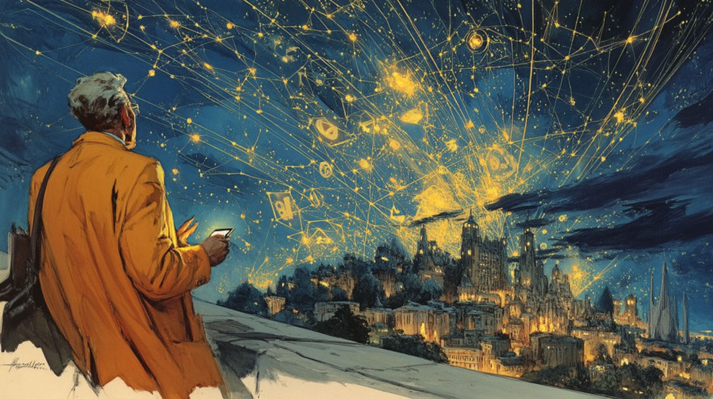 A man in a golden coat gazing at a night sky filled with constellations shaped like app icons above a glowing city.