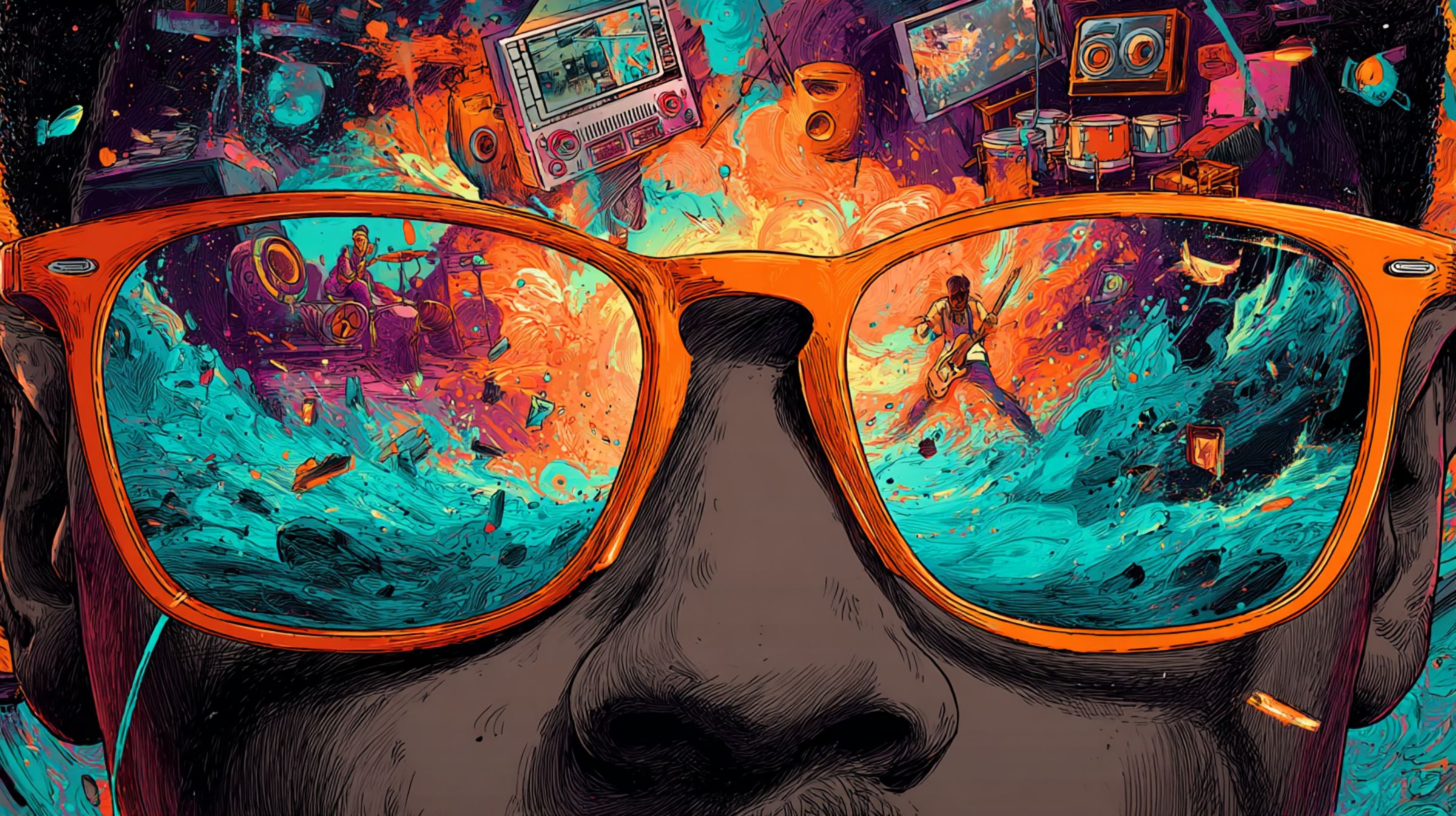 Sunglasses reflecting a swirl of instruments, speakers, and color