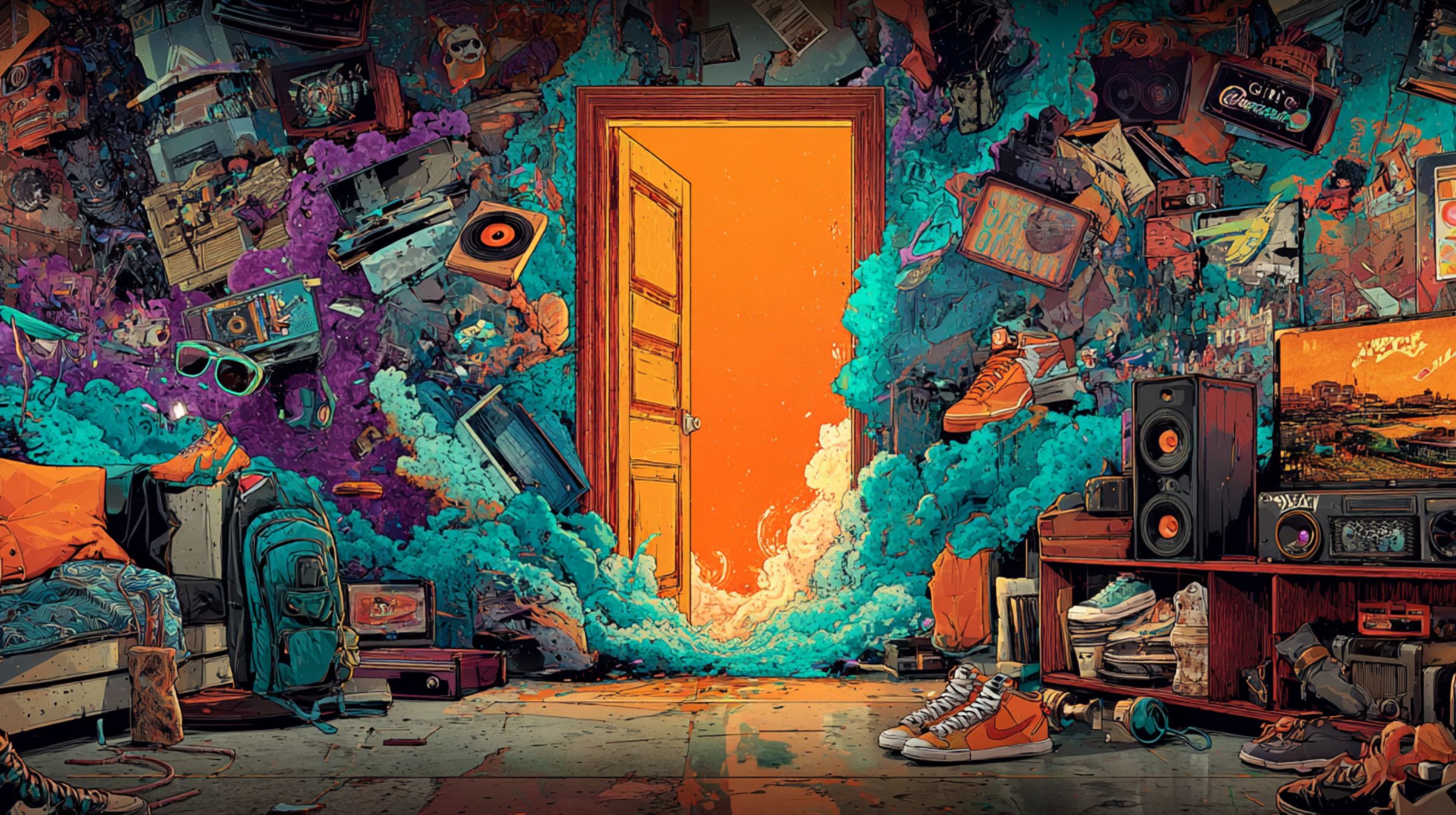 A glowing orange door opening in a room packed with instruments and gear