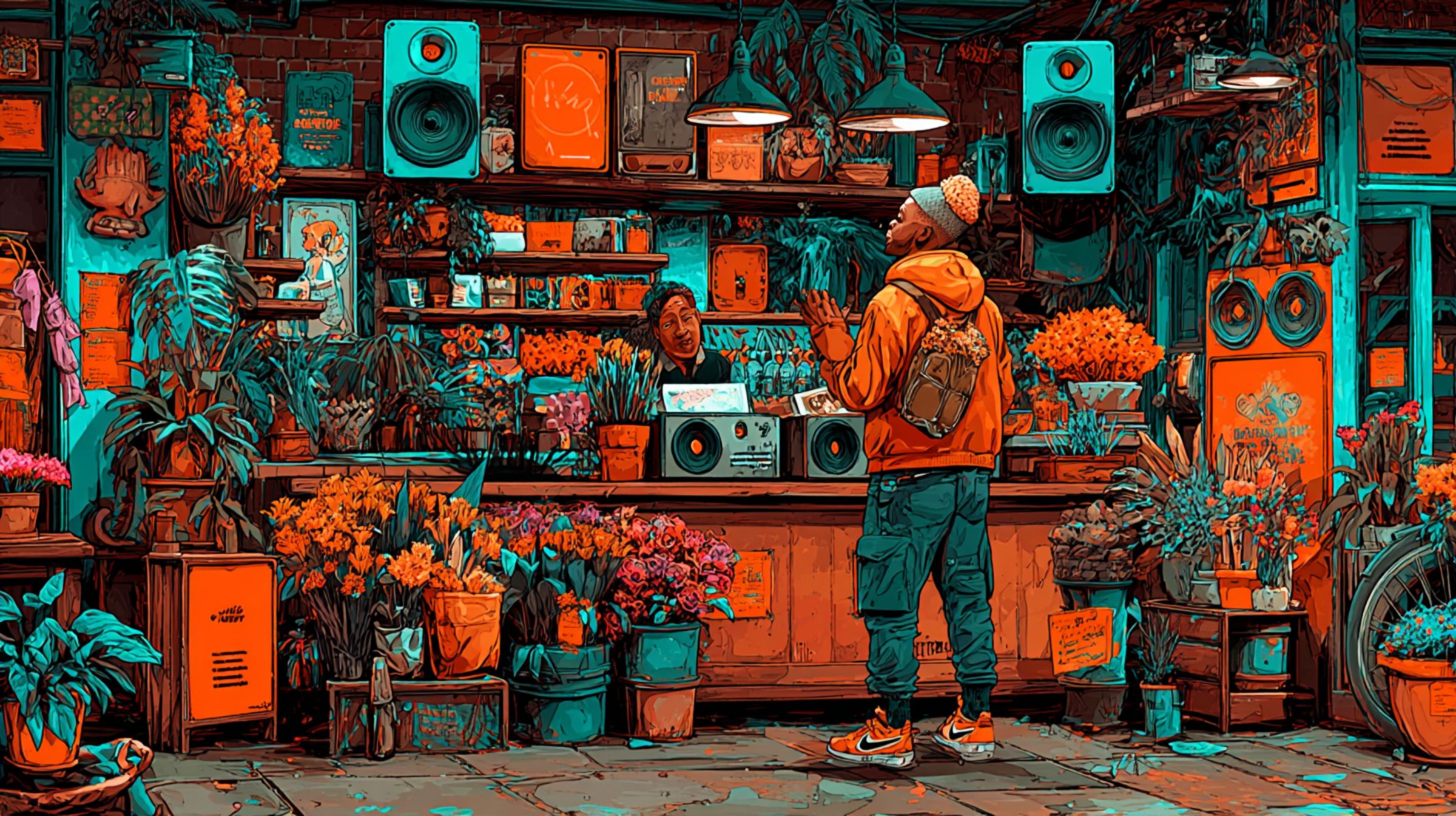 A person in an orange hoodie standing in a shop filled with flowers, plants, vinyl, and speakers