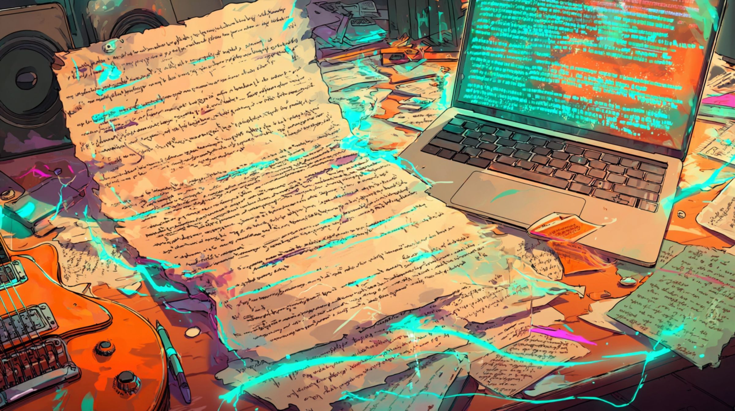 A handwritten sheet of lyrics on a desk next to a laptop, a guitar, and a speaker