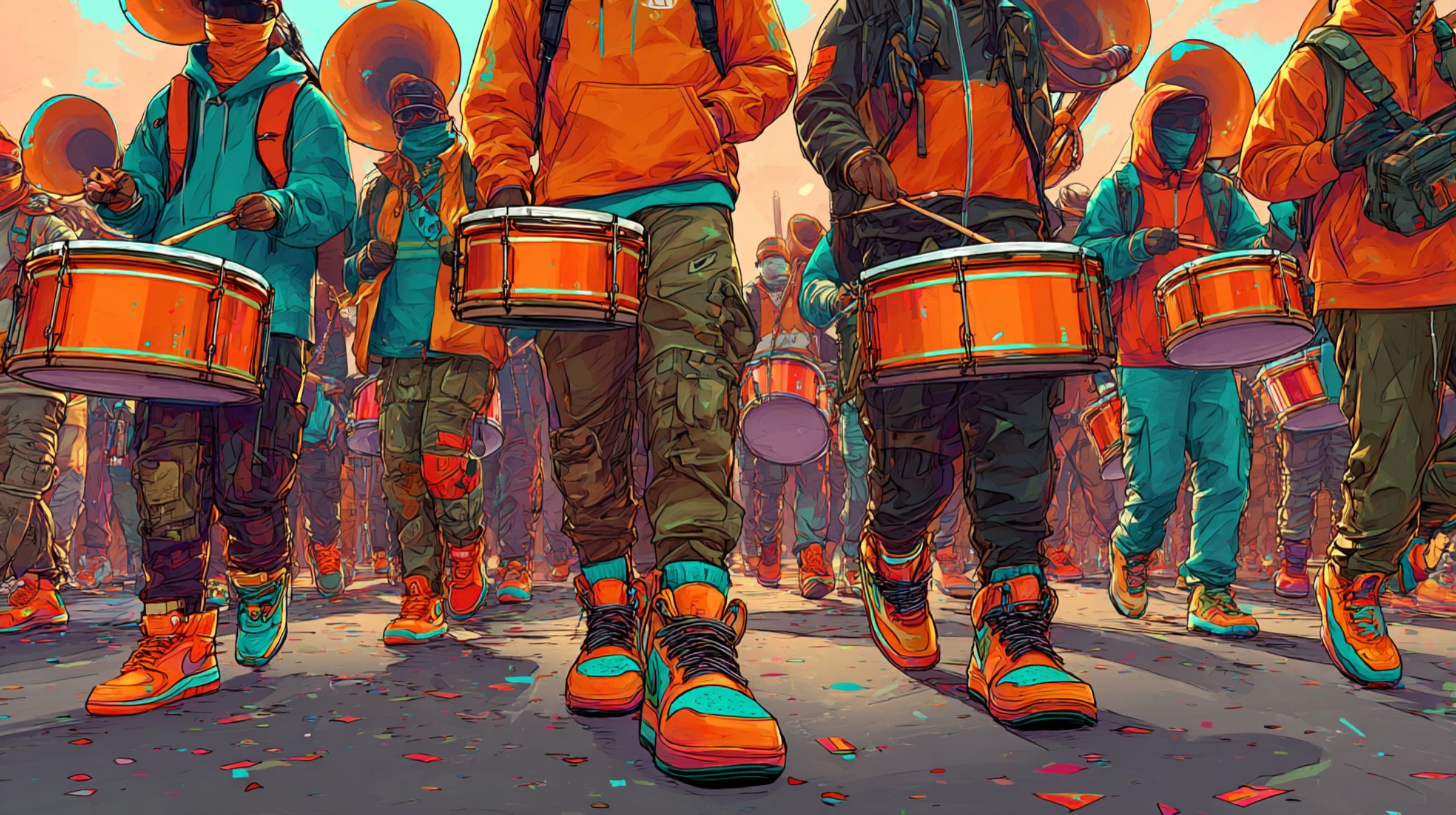 A marching drumline of young players in orange hoodies carrying snare drums through a crowd
