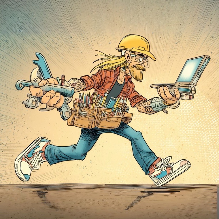 Builder Running With Tools Laptop Hard Hat Tool Belt Illustration
