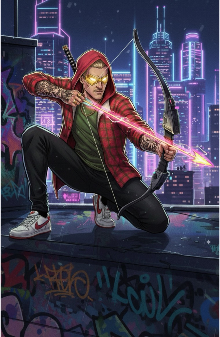Archer Hooded Glowing Bow Drawn Rooftop Neon City