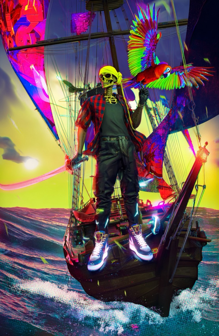 Glitch Pirate Skeleton Skull Parrot Neon Ship