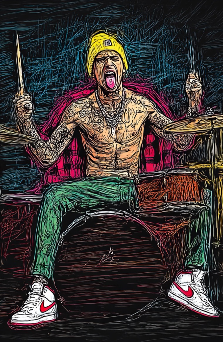 Drummer Shirtless Screaming Tattoos Scratch Art Travis Barker