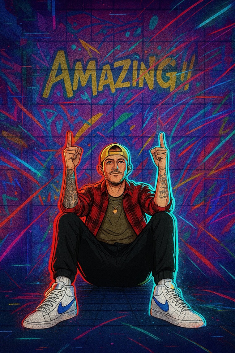 Seated Amazing Graffiti Neon Blue Red Cartoon