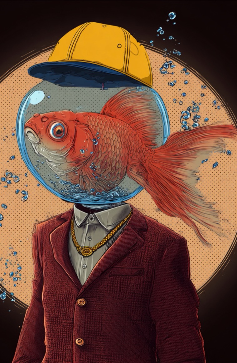 Goldfish Bowl Head Red Blazer Yellow Hat Magritte Surreal