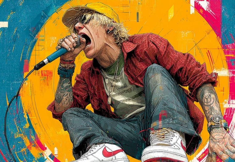 Singer Screaming Mic Yellow Circle Landscape Sketch