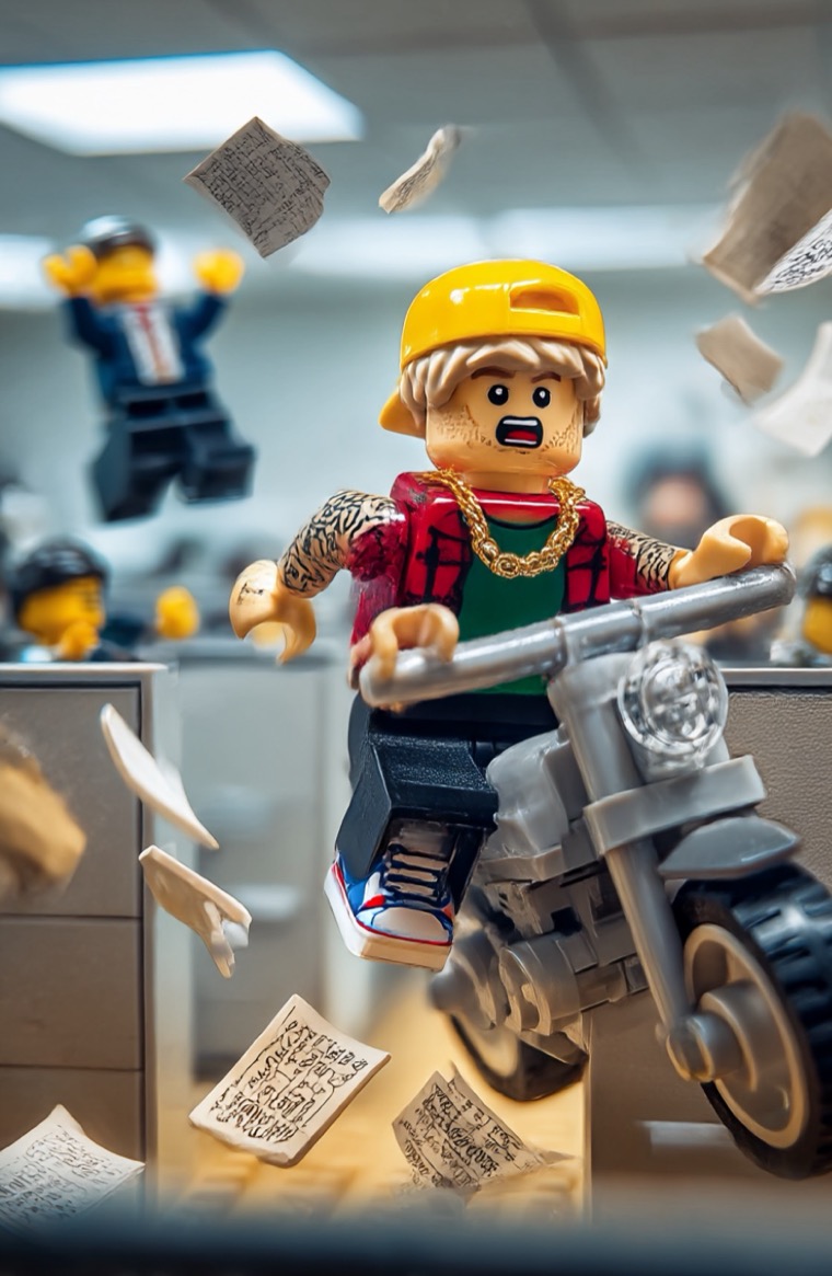 Lego Motorcycle Office Papers Flying