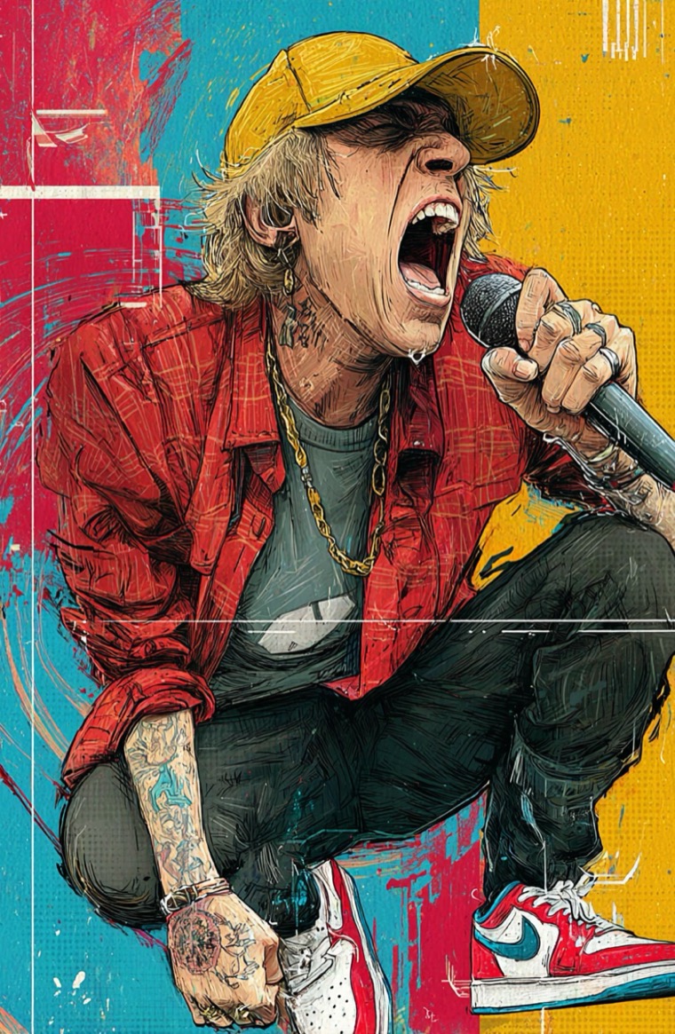 Singer Screaming Mic Crouching Color Blocks Sketch