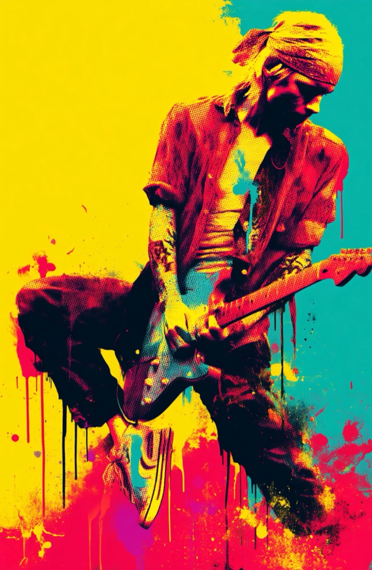Guitarist Cobain Energy Painterly Drips Magenta Yellow